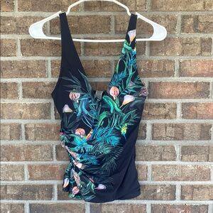 Johnny Was Tropical Calla Lily Print Black Tankini Swimtop